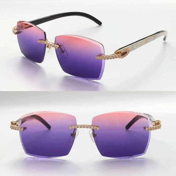 Unisex Luxury Moissanite Diamond Rimless Sunglasses: Original Black Mix White buffalo horn Diamond Cut Lens Oversized Squared Shape for Both Genders Eyewear