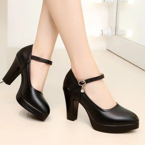 High Heels Platform Pumps Mujer Spring Fashion Buckle Solid Black Shoes Woman PU Leather Waterproof Shoes Femme 250515