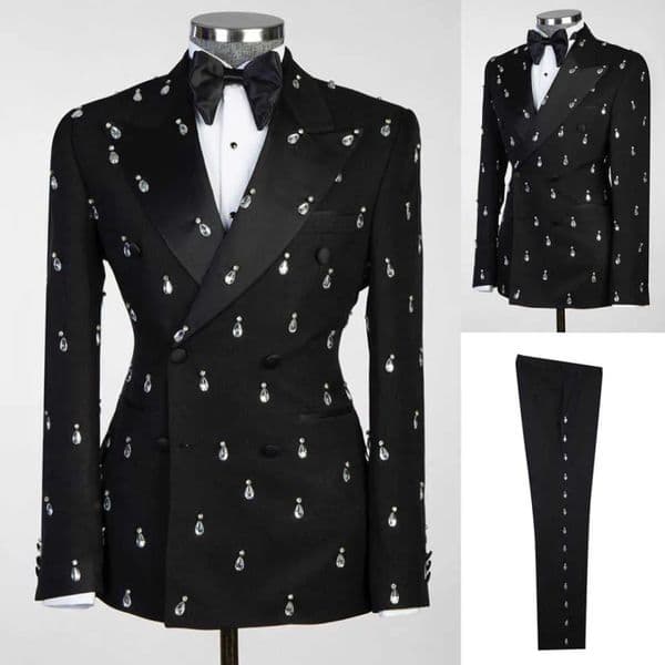 Luxury Slim Fit Rhinestone Men Suits Double Breasted Two Pieces Sets Jacket with Pants Peaked Lapel Beaded Wedding Tuxedos Business Formal Groom Wear Custom Made
