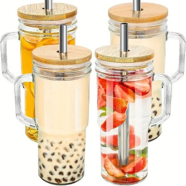 750ML Glass Cup Wooden Lid Bubble Tea Cold Drinking Coffee Wine Juice Milk Transparent Straw Car Mug Cup Drinkware Water Bottle 250517BJ