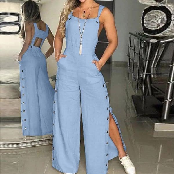 Womens Sleeveless Wide Leg Jumpsuit with Side Pockets And Button Closure Solid Color Loose Straight-Leg Romper for Women 250519