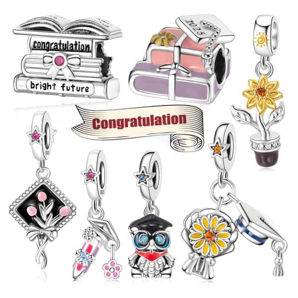 FewDook 2025 Bright Future Graduation Owl, Sunflower, Scroll, Mortarboard Charm Beads Fit Original Pan Charms Bracelet Jewelry Designer for Women Accessories Gift