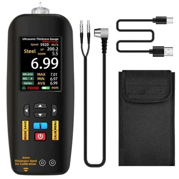 GTBL Ultrasonic Thickness Gauge 1-300 Mm Range With Color Display With Probe For Measuring Metal Steel Silver Plastic PVC 250516