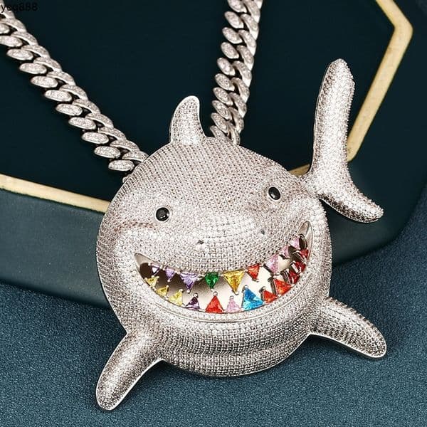 Custom Large Shark Diamond Pendants Necklace Gold Plated Brass Full Zircon Iced Out Jewelry Hip Hop Pendant for Men Women