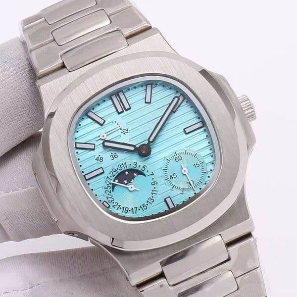 designer classic mechanical watch, power reserve display, individual chronograph seconds hand, high-quality stainless steel strap