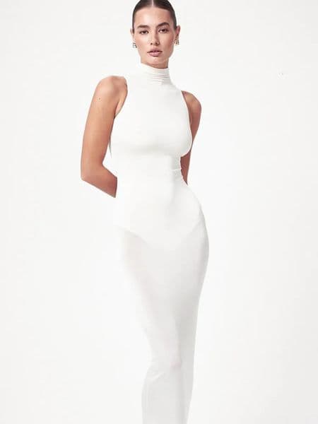 Mozision Summer Fashion Offshoulder Sexy Maxi Dress Women See Through Turtleneck Sleeveless Bodycon Club Beach Long 250520BJ