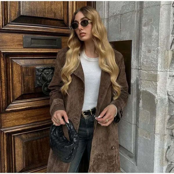 European American 2025 autumn women's trench coat temperament, khaki imitation leather double breasted lapel coat, new style with chic and elegant clothing