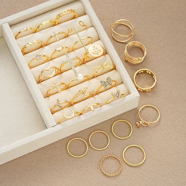 30pcs/Set Fashion Cross Love Rhinestone Ring Simple Wave Metal Circle Hollow Geometric Rings For Women Trendy Jewelry Gifts 250519