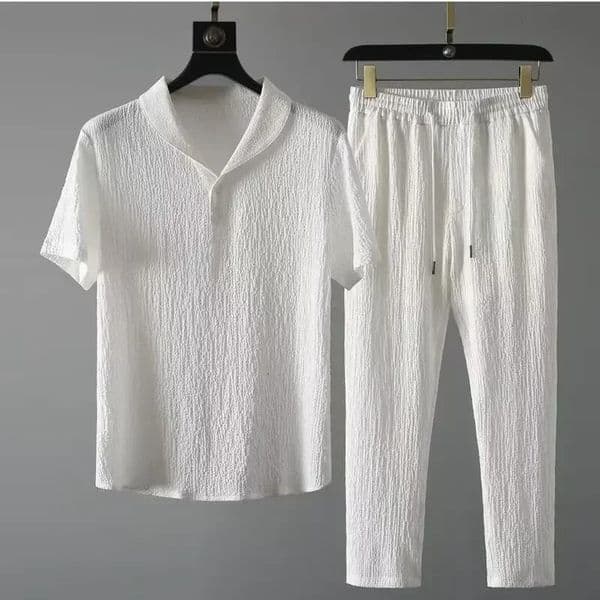 Summer Ultra-thin Five-piece Ice Silk Linen Suit Mens Cotton Linen 2-piece Set Loose-fit Mid-sleeve T-shirt Sports Wear 250519
