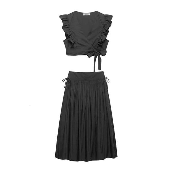 Willshela Women Fashion 2 Piece Sets Black VNeck Tank Tops Vintage Side Zipper Midi Skirt Female Chic Lady Skirts Set 250520BJ