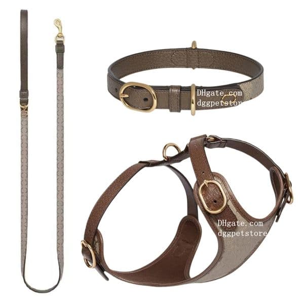 Designer Dog Harness Collar and Leash Set with Classic Letter No Pull Dog Harness Soft Adjustable Luxurious Leather Step in Puppy Vest with Poop Bag Dispenser S B159