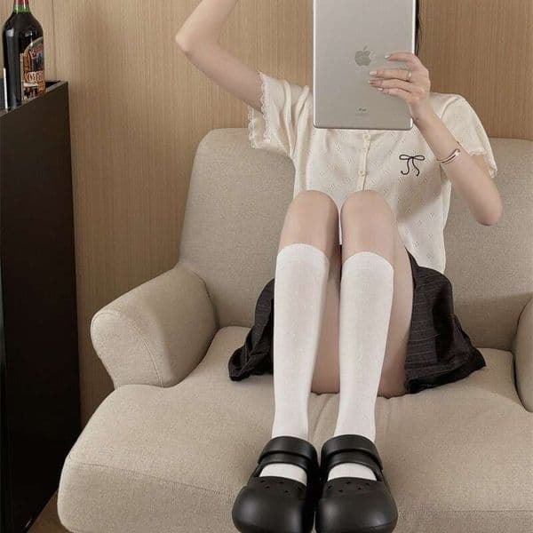 Summer Thin Children's Knee High Calf Socks, Solid Color Sweat Absorbing White JK Lolita Long Tube Slimming Boneless Socks B5