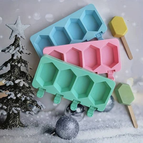3-Pack Hexagonal Silicone DIY Ice Cream Bars Maker with 20 Sticks - Flexible & Reusable Popsicle Molds Wooden stick