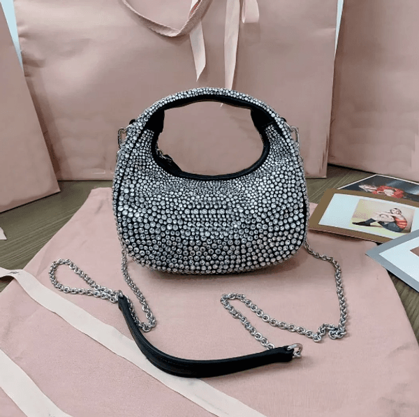 Mini Rhinestone Designer Wander Hobo Bags Shiny Crystal Strap Shoulder Bag Silver Hardware Metal Lettering Zipper Baguette Bags Evening Purse -15