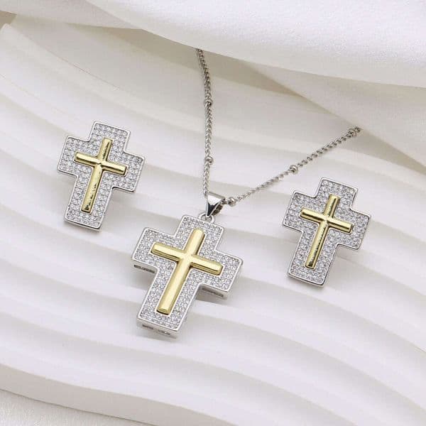Hot Luxury jewelry designer necklace earrings full diamond zircon dual color electroplated pendant necklace simple fashionable cross earring set wholesale Gift