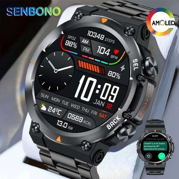 SENBONO MAX18 Smart Watch for Men AMOLED Screen AI GPT Bluetooth Call 410mAh Big Battery Fiess Tracker Men' Sport Smartwatch