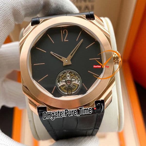 40mm New Octo Finissimo Tourbillon 102346 A2813 Automatic Mens Watch Black Dial Stick Markers Rose Gold Case Leather Strap Gents New Watches PTBV PureTime Z03F