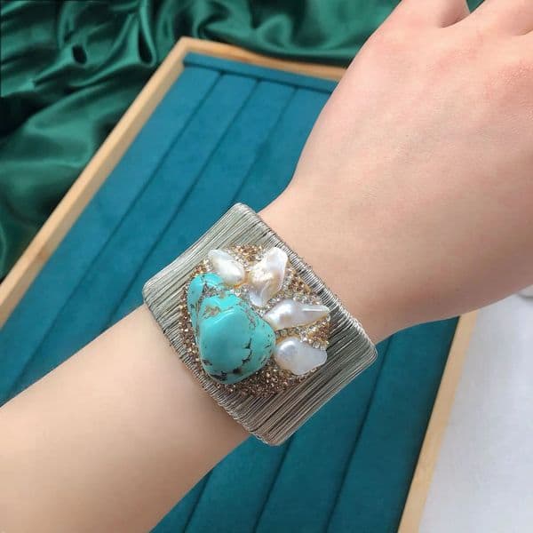 Bohemian Cuff Bangle Natural Baroque Pearl Turquoise Cubic Zircon Wide Edge Bracelet Jewelry for Women Party Accessory Gifts 250517