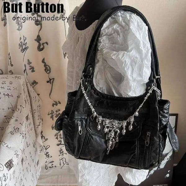 Women's Bags Designer Subculture Gothic Lolita Y2k Girl Retro Style Dark Fashion Bag Teenager Black PU Leather Skull Head Chain Handbag Bag