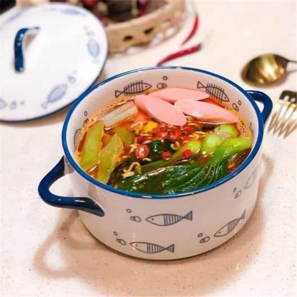 1pc ceramic double ear bowl with cover 1000ml34oz Noodles in soup 15cm6inch microwave oven 250521