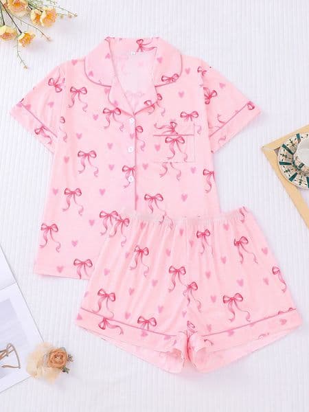 Women 2Piece Small Bow Heart Fun Pajama Set Short Sleeve Btn Shirt Soft Stretch Shorts Stylish Party Loungewear Comfy Sleepwear 250522