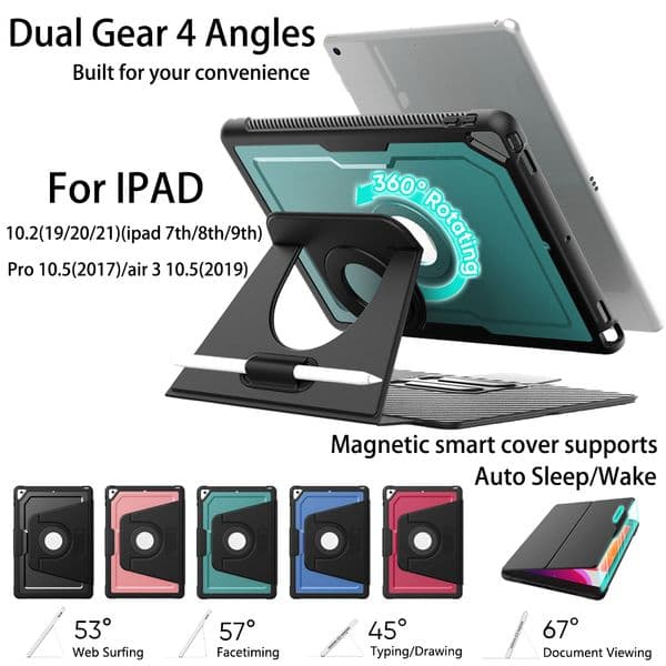 360 Rotating Stand Magnetic Smart Cover For iPad 10.2 inch 7th 8th 9th Gen Air3 10.5 Auto Sleep/Wake Premium PU Leather Case With Strong Magnetic Attached Metal Surface