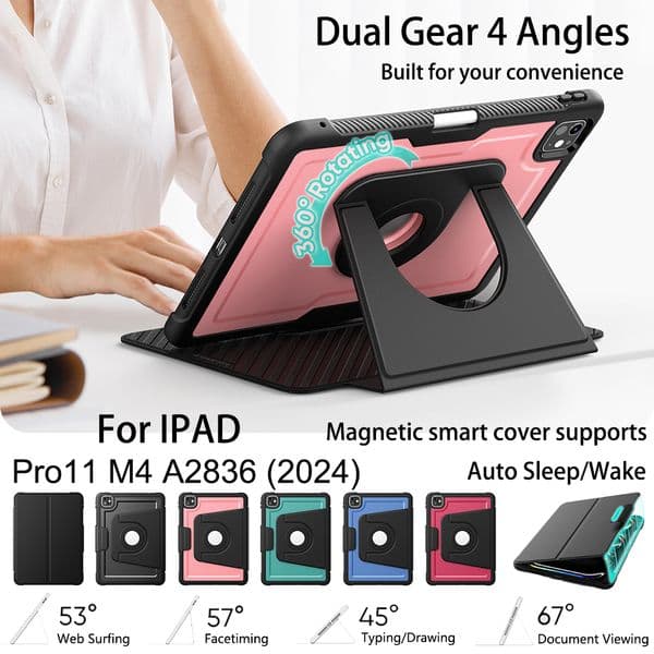 360 Rotating Leather Smart Cases For iPad Pro11 M4 A2836 2024 Auto Sleep/Wake Premium PU Leather Magnetic Stand Cover With Strong Magnet Attached Metal Surface