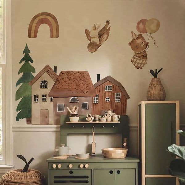 Small Town Wall Decals Animals Vinyl Nordic Style Stickers Peel and Stick for Nursery Bedroom Kid Room Home Art Decor 250521BJ