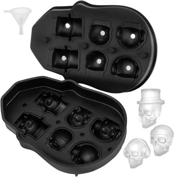 Skull Ice Cube Tray 6-Grid Skull Ice Ball Maker Flexible Black Silicone Tray with Lid Funnel Skull Cubes M250522