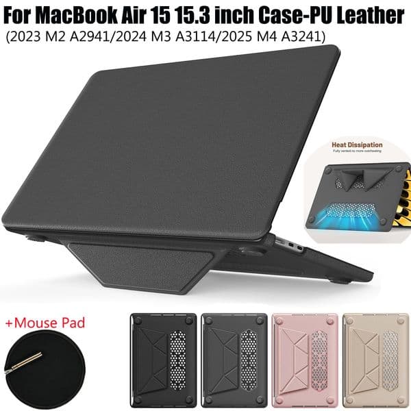 Business Laptop Case For MacBook Air15 Case 15.3" 2025 M4 A3241 M2 A2941 M3 A3114 PU leather Anti-Scratching Shockproof Protective Cover With Foldable Stand + Mouse Pad