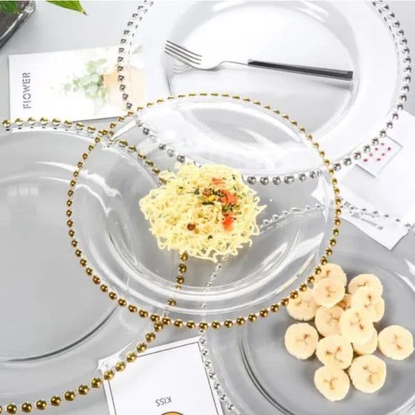 Plates Nordic Gold Beads Glass Plate Charger Decorative Salad Fruit Dish Transparent Serving Tray Wedding Dinner Event Supplies LL