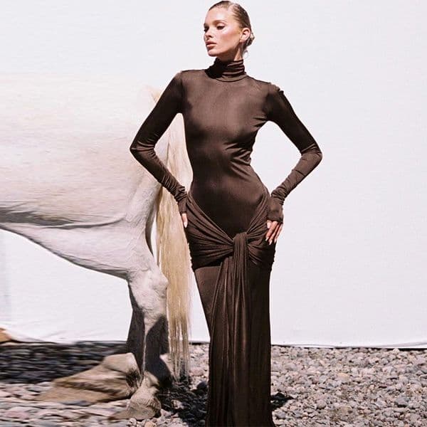 French Hot Selling New Solid Color Summer High Neck Long Sleeved Fashionable Patchwork Strap Long Slim Fit Dress for Women