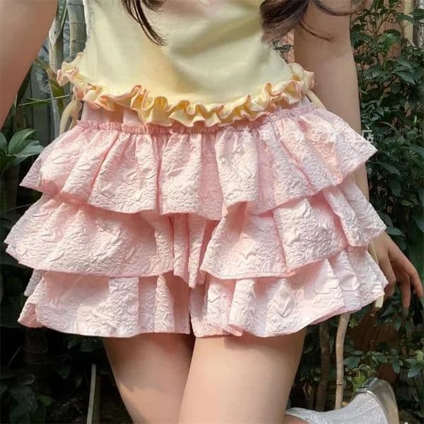 Lamuusaa y2k Skirt Shorts Women Aesthetic High Waist Ruffle Lace Layered Panties Underpants Pumpkin Bloomers Lolita Knickers 250523