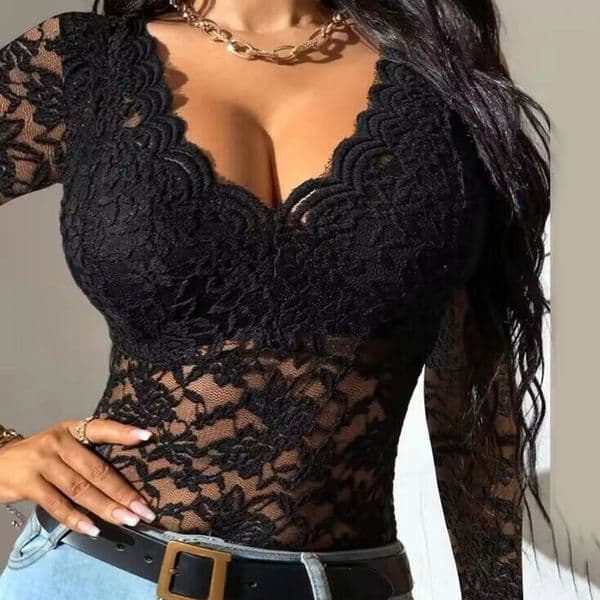 Women Slim Tunic Lace V Neck T-shirt Sexy Elegant Summer Long Sleeve Flower Embroidery See-through Shirt Tops Blouse 250523