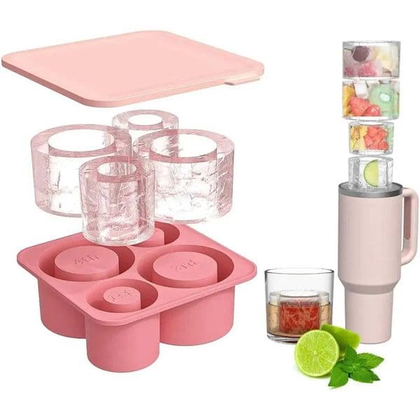 Ice Cube Tray For Cup Reusable Silicone Ice Cube Trays with Lid 4 Cylinder Ice Molds for 20oz 30oz 40oz Tumblers X250524