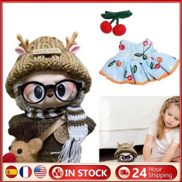 Mini Doll Outfit Cute Plush Sweater Reusable Cotton Elk Coat Cherry Pleated Skirt Hairpin Set for Baby Kid DIY Creative Toy X250526