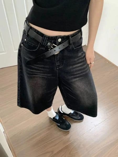 Y2k Retro Women Low Rise Jorts Brushed Black Wash Cropped Baggy Jeans Wide Leg Frayed Denim Short Pants Acubi Fashion 250520
