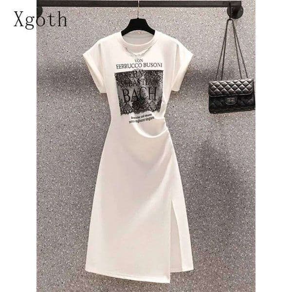 Xgoth Summer Dress Pleated Split O-neck Short Sleeved Dresses Irregular Hot Girls Printed Long Skirts Trendy Clothes