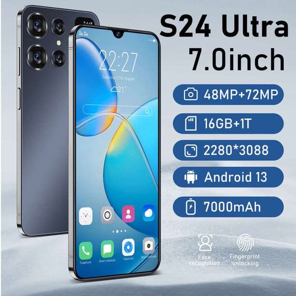 S24 7.0inch Smartphone 16GB+1TB smart phone, dual SIM 5G Android phone, 13MP+50MP camera, fingerprint and facial recognition, comes with headphones + phone case