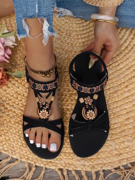 Womens fashionable round toe flat sandals with one foot bohemian style casual versatile shoes 250526