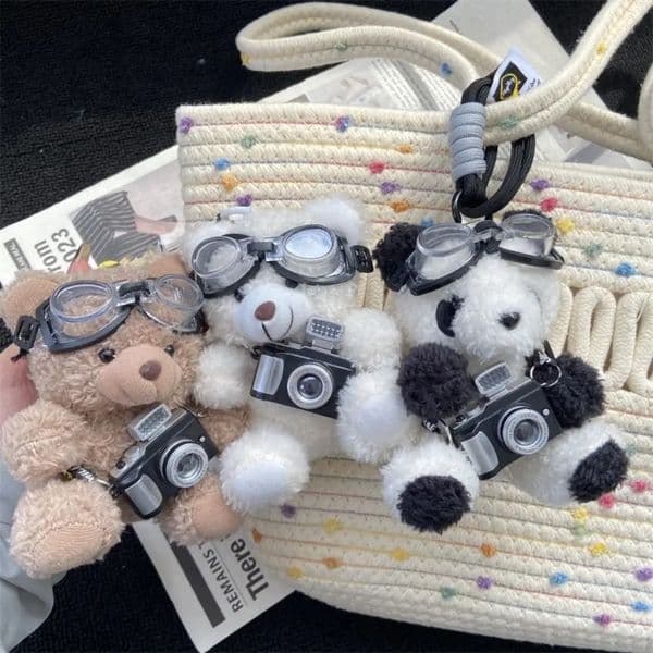 Creative With Glasses Pilot Bear Keychain Camera Animals Panda Plush Doll Keychain Cute Stuffed Bear Doll Bag Pendant Bag Charm R250525
