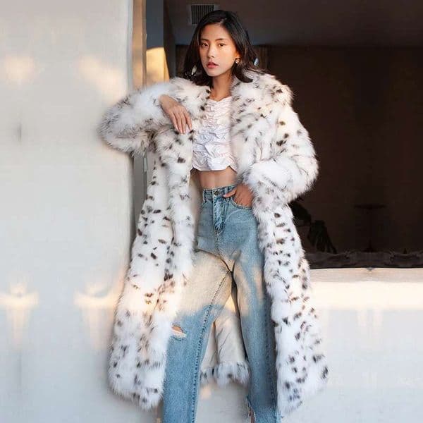 Women's Imitation Fox Fur Coat Black Dot Leopard Print Suit Long Length Large Size Winter Warm Leather Windbreaker