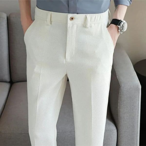 Men Waffle Suit Pants Black White Khaki Fashion Male Business Social Wedding Prom Party Dress Trousers 250526