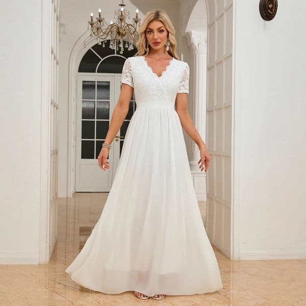 2025 lace edge splicing chiffon waist cinched long V-neck dress for wedding and evening dresses