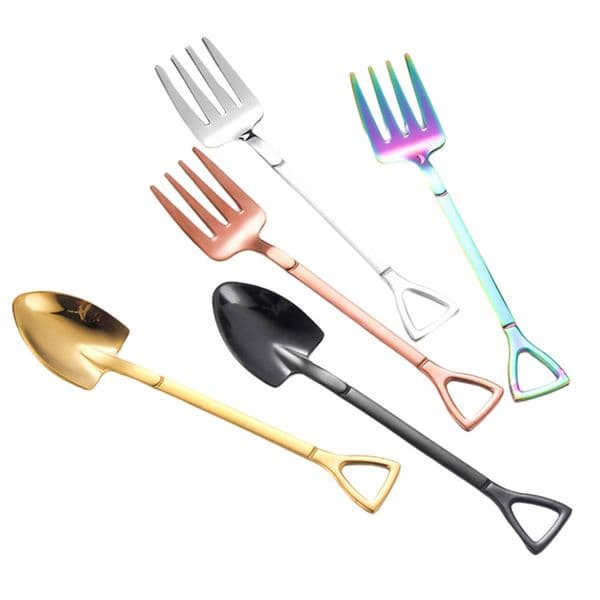 Coffee Spoon Fork Shovel Cutlery Stainless Steel Ice Cream Dessert Spoons Scoop Teaspoon Fruit Shovels Forks Tableware HY0318