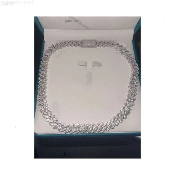 Silver Stamped 18k White Plated Tapered Baguette Prong Set Miami Cuban Link Chain Complete with Vvs1 Dcolour Moissanite Diamonds