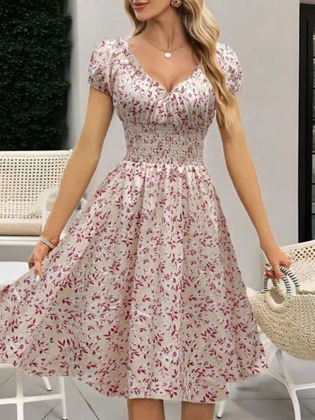 Spring Summer Women Floral Dress French Style Ruffled Sleeves Wrap Waist Boho Beach Sundress Cottagecore 250519