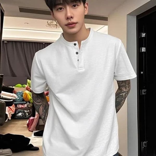 Henry Neck Short-sleeved Mens Summer Waffle Heavy Shoulder T-shirt American Sports Polo Shirt 250526BJ