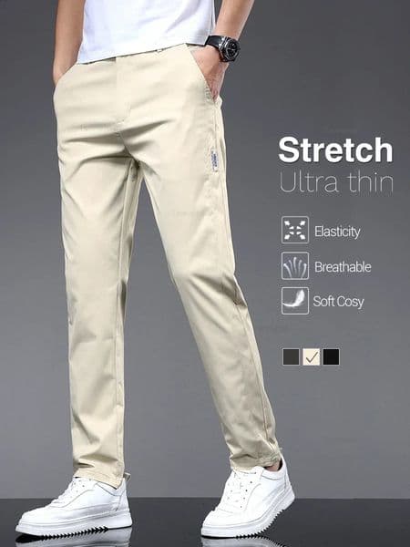 Summer Ultra-thin Mens Elastic Casual Pants Fashion Soft Ice Silk Solid Color Elastic Waist Slim Straight Trousers Black Beige 250522BJ