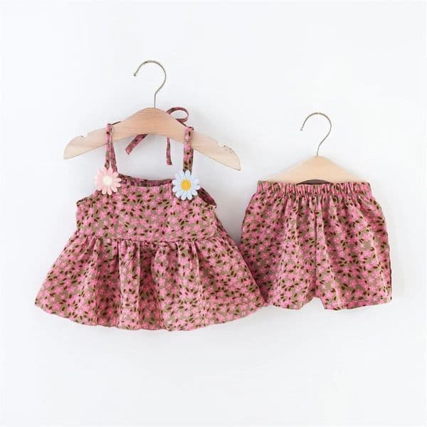 2PcsSetSummer childrens clothing set for girls daisy flower suspender top floral shorts baby twopiece 250527BJ